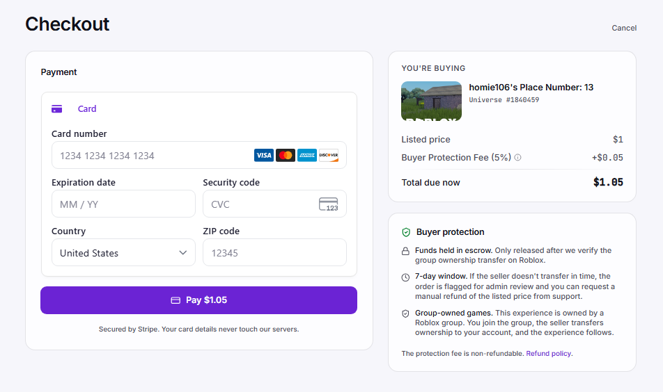 Rocquire checkout page showing Stripe card form, listed price, buyer protection fee, and buyer protection panel