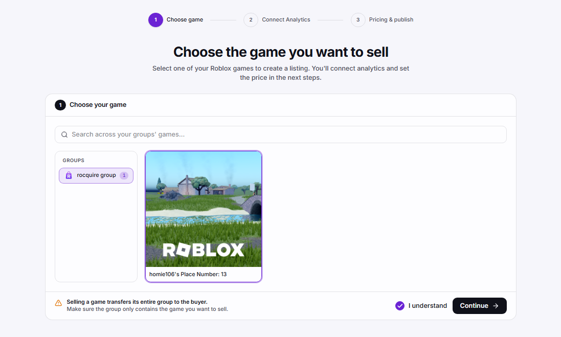 Rocquire seller listing page with Roblox game details, ownership verified badge, and price input